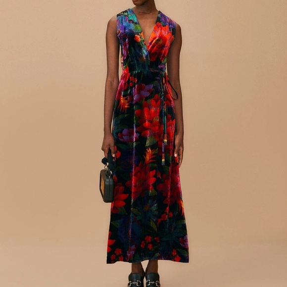 Farm Rio Medium Flower Season Black Wrap Maxi Velvet Dress Wedding Formal Party - Picture 1 of 9